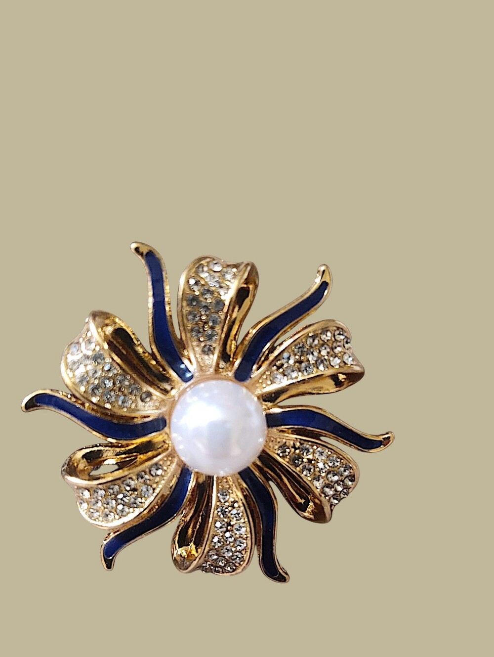Blue Enamel & Faux Pearl Floral Brooch